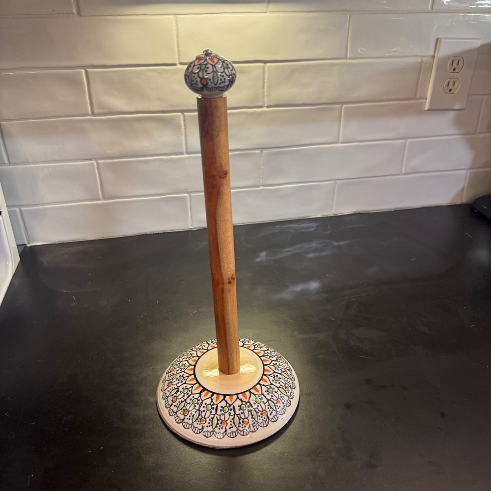Paper Towel Holder Kitchen 14.5in Multicolor Boho Ceramic Wood Mandala Design